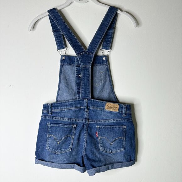 LEVI'S Shortall Girls 12 Reg Button Front Medium Wash Denim Overall Distressed - Picture 2 of 7